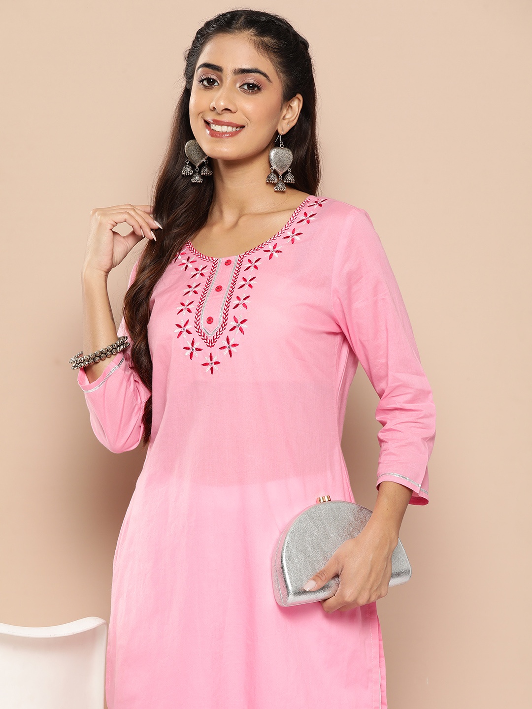 

HERE&NOW Women Floral Yoke Design Mirror Work Cotton Kurta, Pink