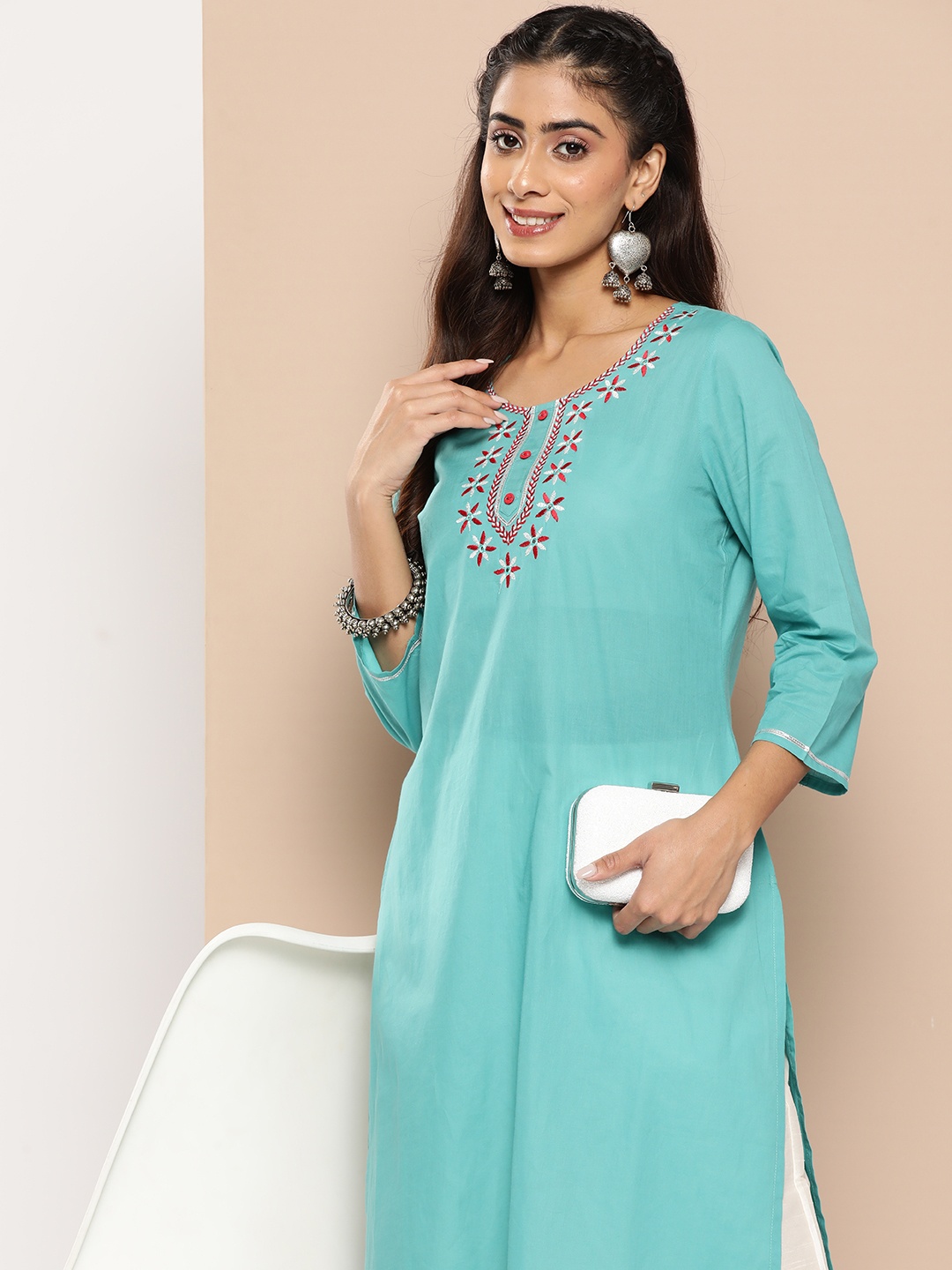 

HERE&NOW Women Floral Yoke Design Mirror Work Cotton Kurta, Turquoise blue