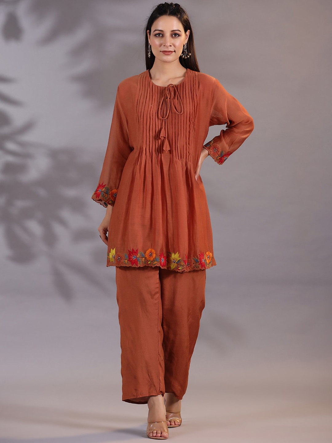 

PRATAP SONS Floral Embroidered Pleated & Tie-Ups Tunic With Trousers, Brown