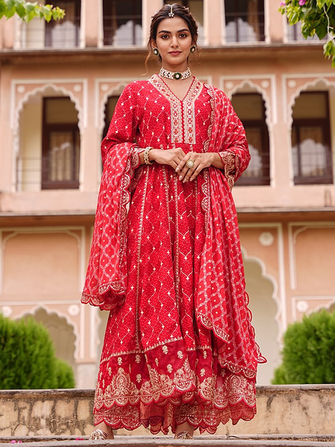 

PRATAP SONS Bandhani Printed Mirror Work Kurta with Trousers & Dupatta, Red