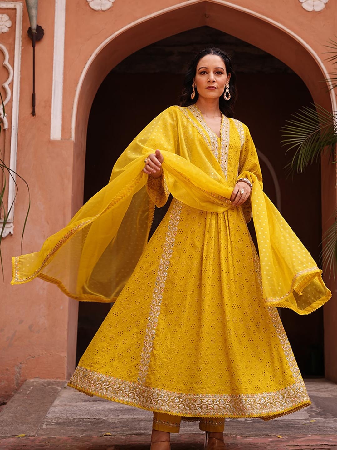 PRATAP SONS Floral Embroidered V-Neck Pure Cotton Anarkali Kurta With Trousers & Dupatta, Yellow