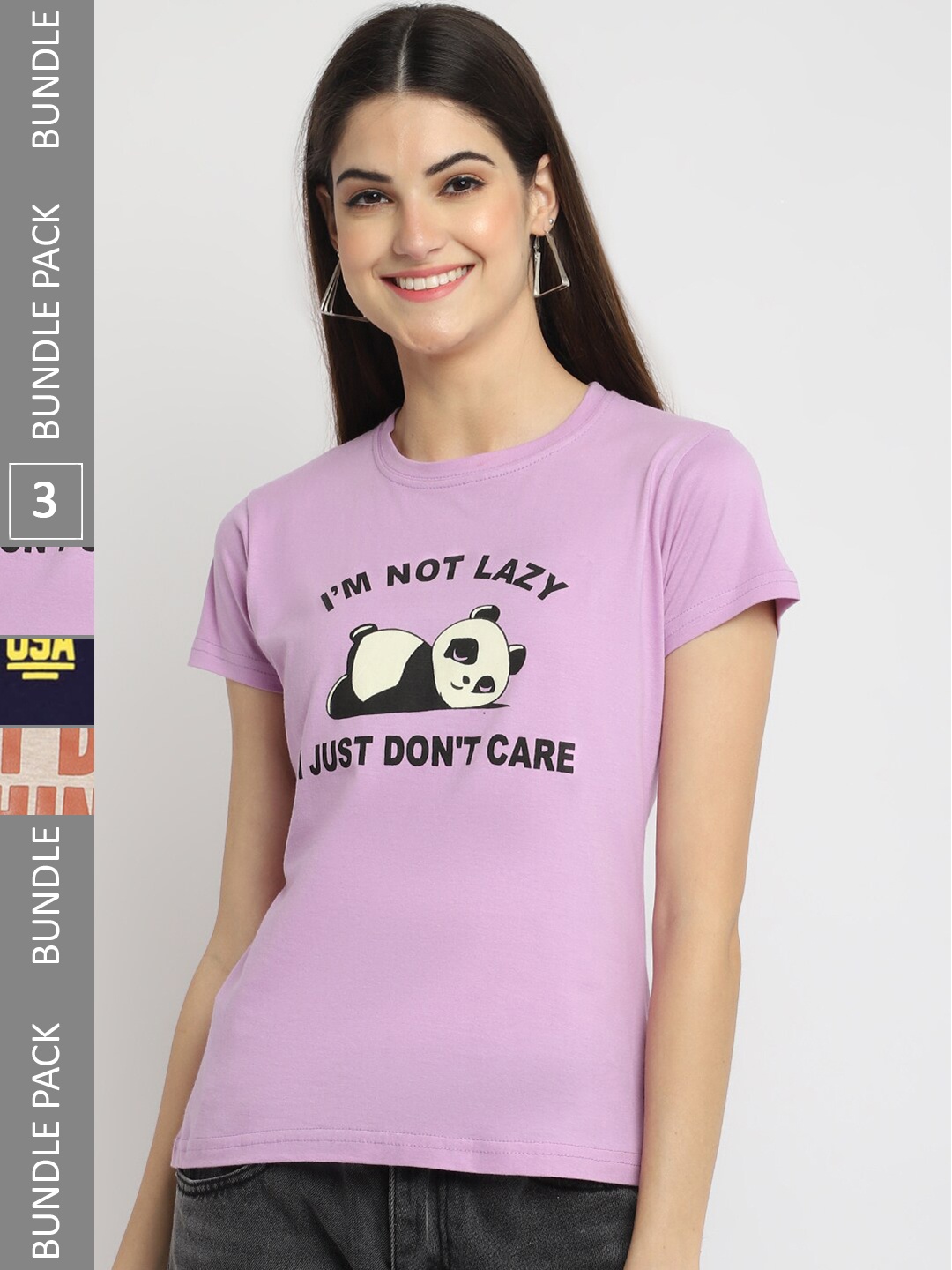 

Fabflee Pack Of 3 Typography Printed Cotton T-shirts, Lavender