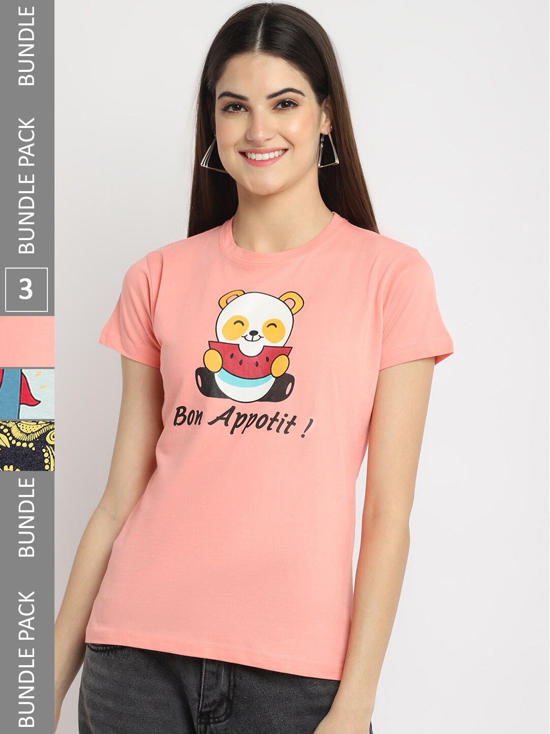 

Fabflee Pack Of 3 Typography Printed Cotton T-Shirt, Pink