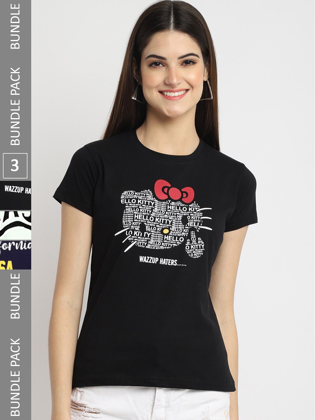 

Fabflee Pack Of 3 Printed Cotton T-shirt, Black