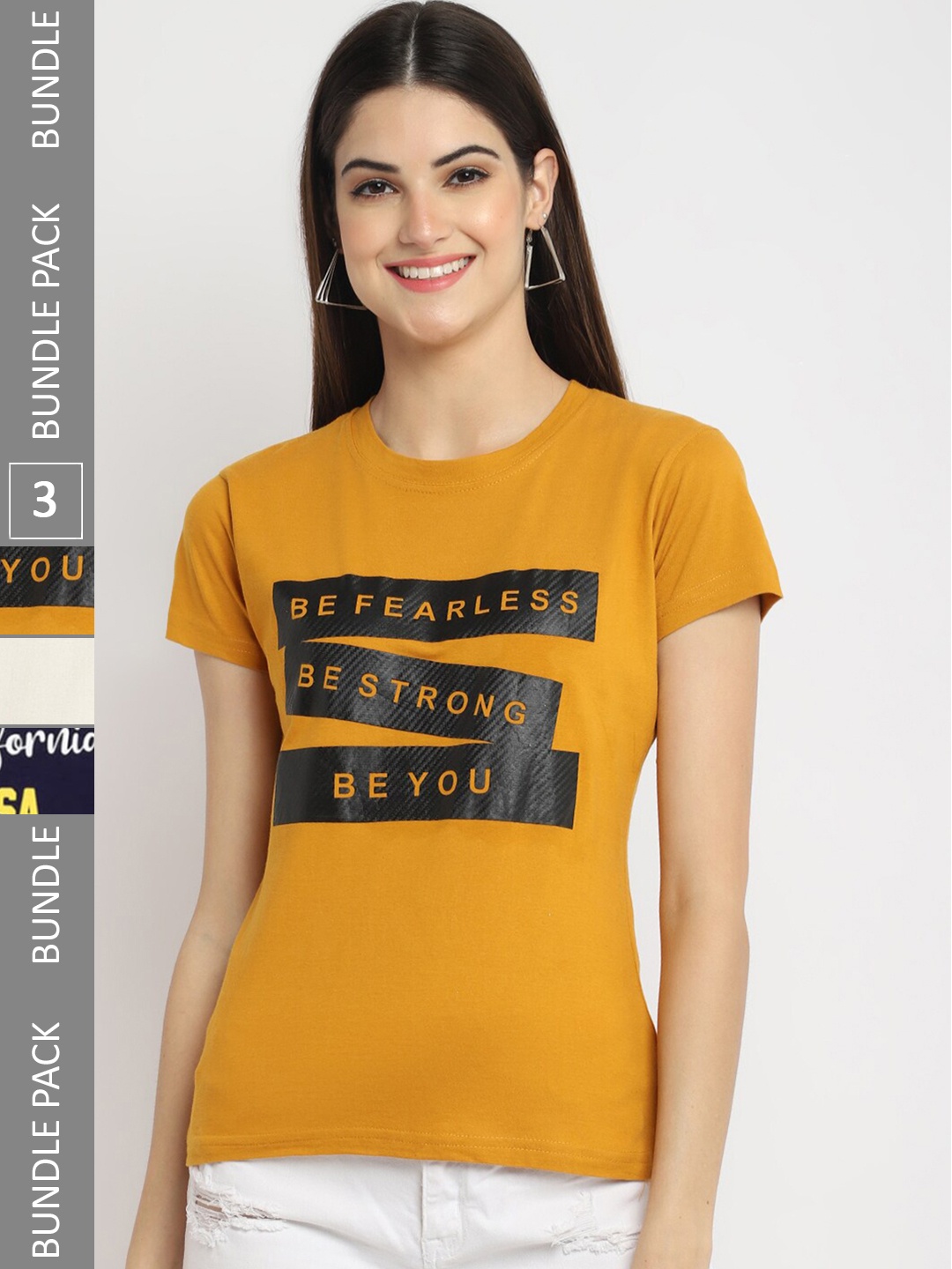 

Fabflee Pack Of 3 Printed Cotton T-shirt, Mustard