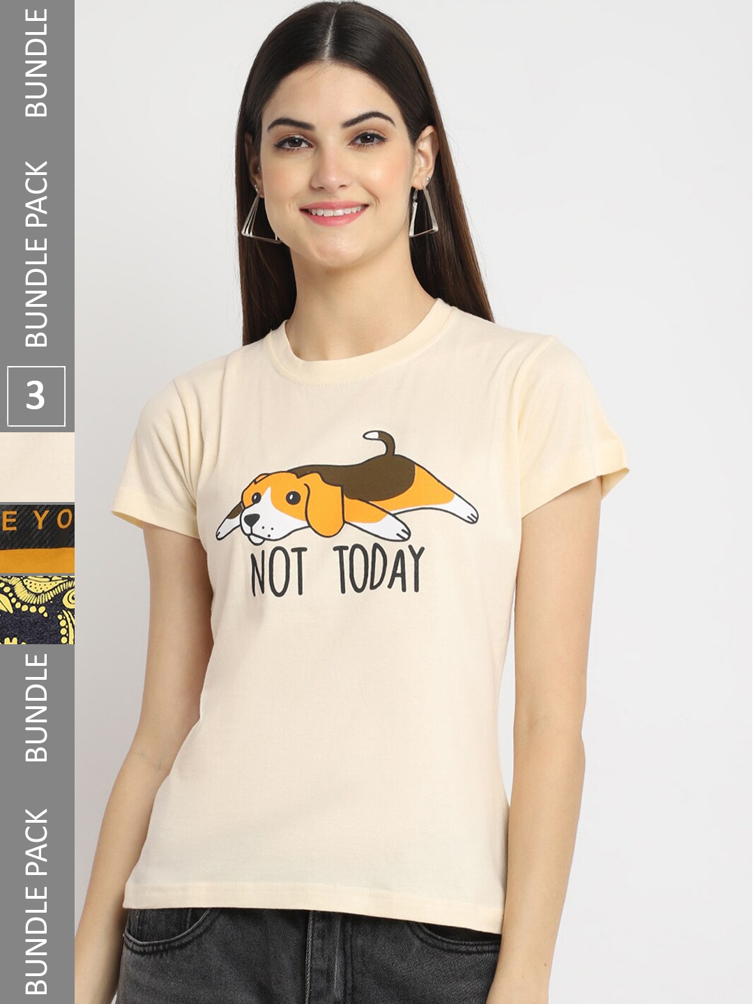 

Fabflee Pack Of 3 Typography Printed Cotton T-shirt, Beige