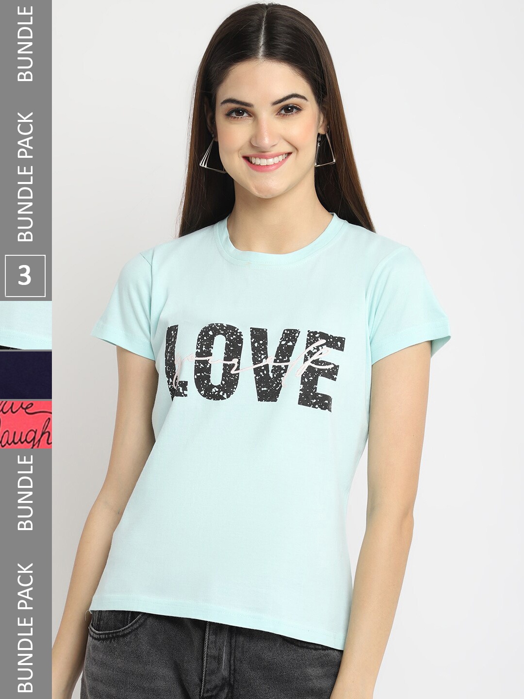 

Fabflee Pack Of 3 Typography Printed Cotton Casual T-shirt, Turquoise blue