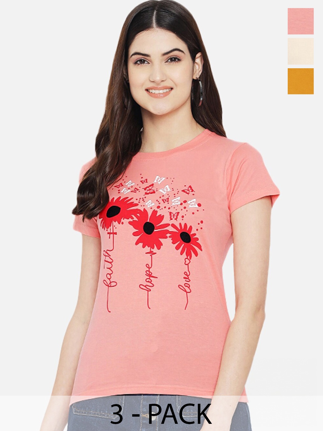 

Fabflee Pack Of 3 Typography Printed Cotton T-shirt, Pink