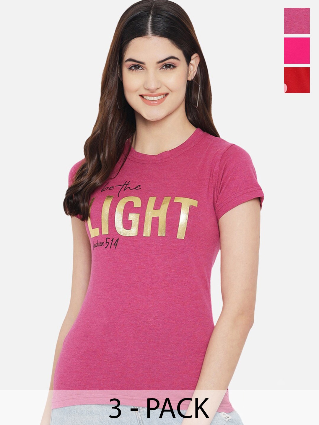 

Fabflee Pack Of 3 Typography Printed Cotton T-shirt, Pink