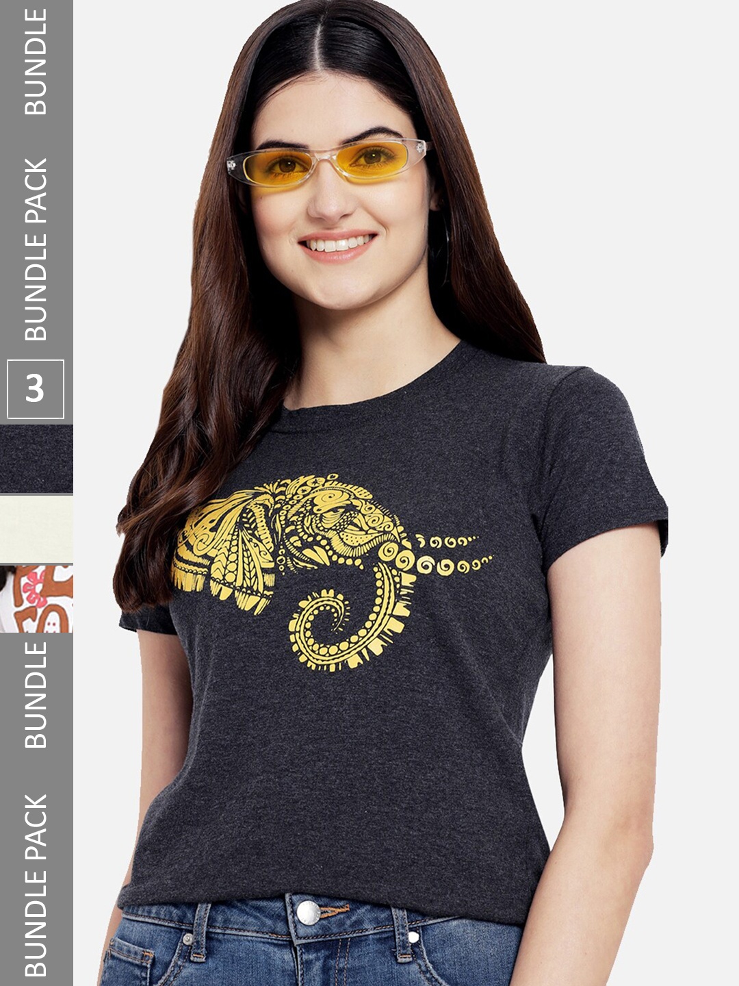 

Fabflee Pack Of 3 Printed Cotton T-shirts, Charcoal