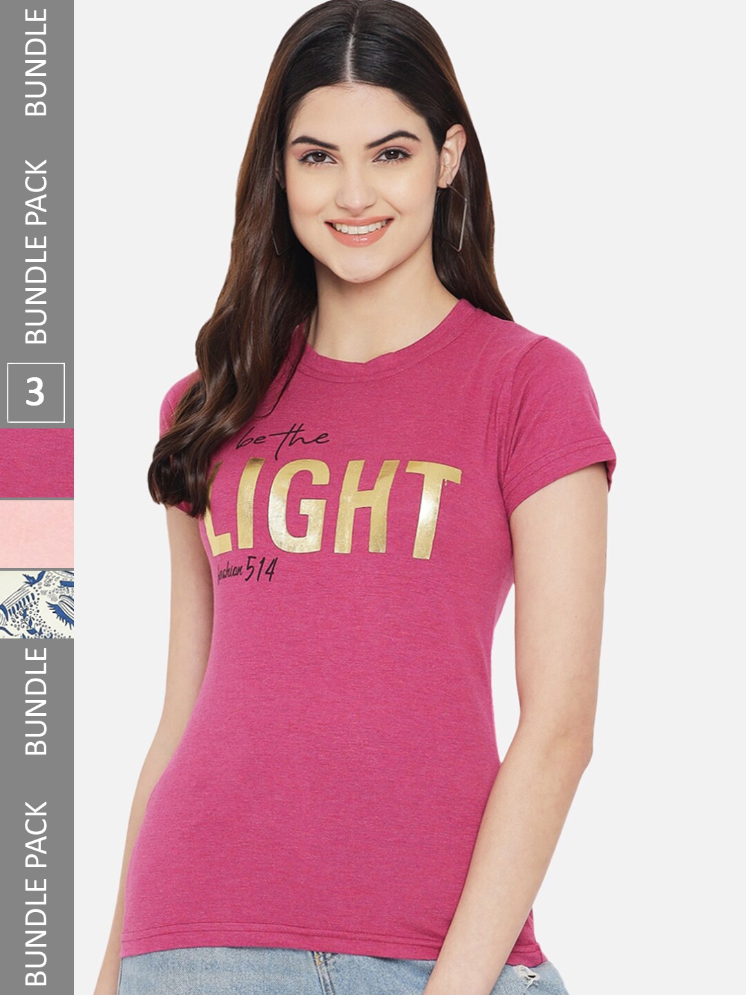 

Fabflee Pack Of 3 Typography Printed Cotton T-shirt, Pink
