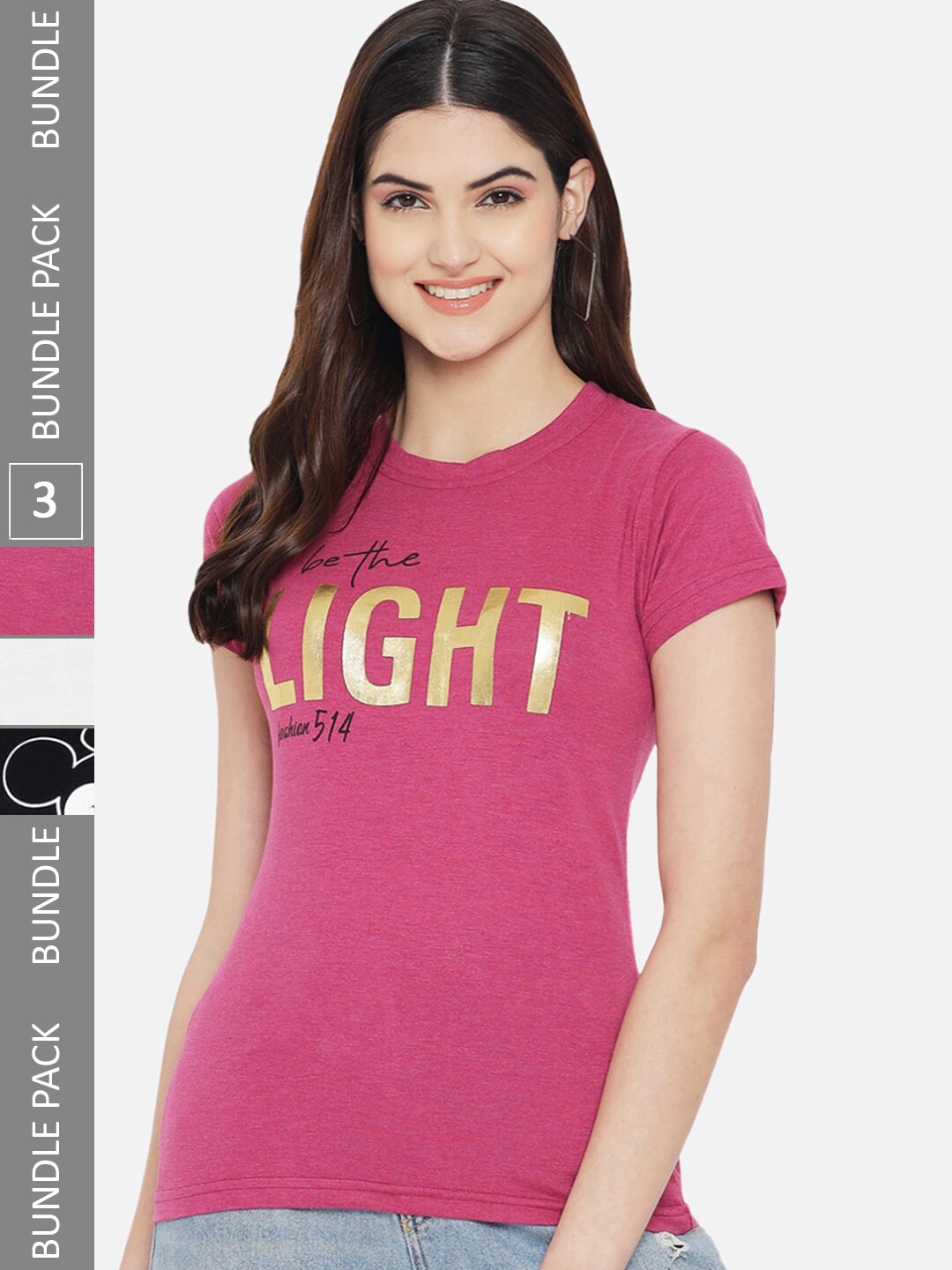 

Fabflee Pack Of 3 Typography Printed Cotton T-shirt, Pink