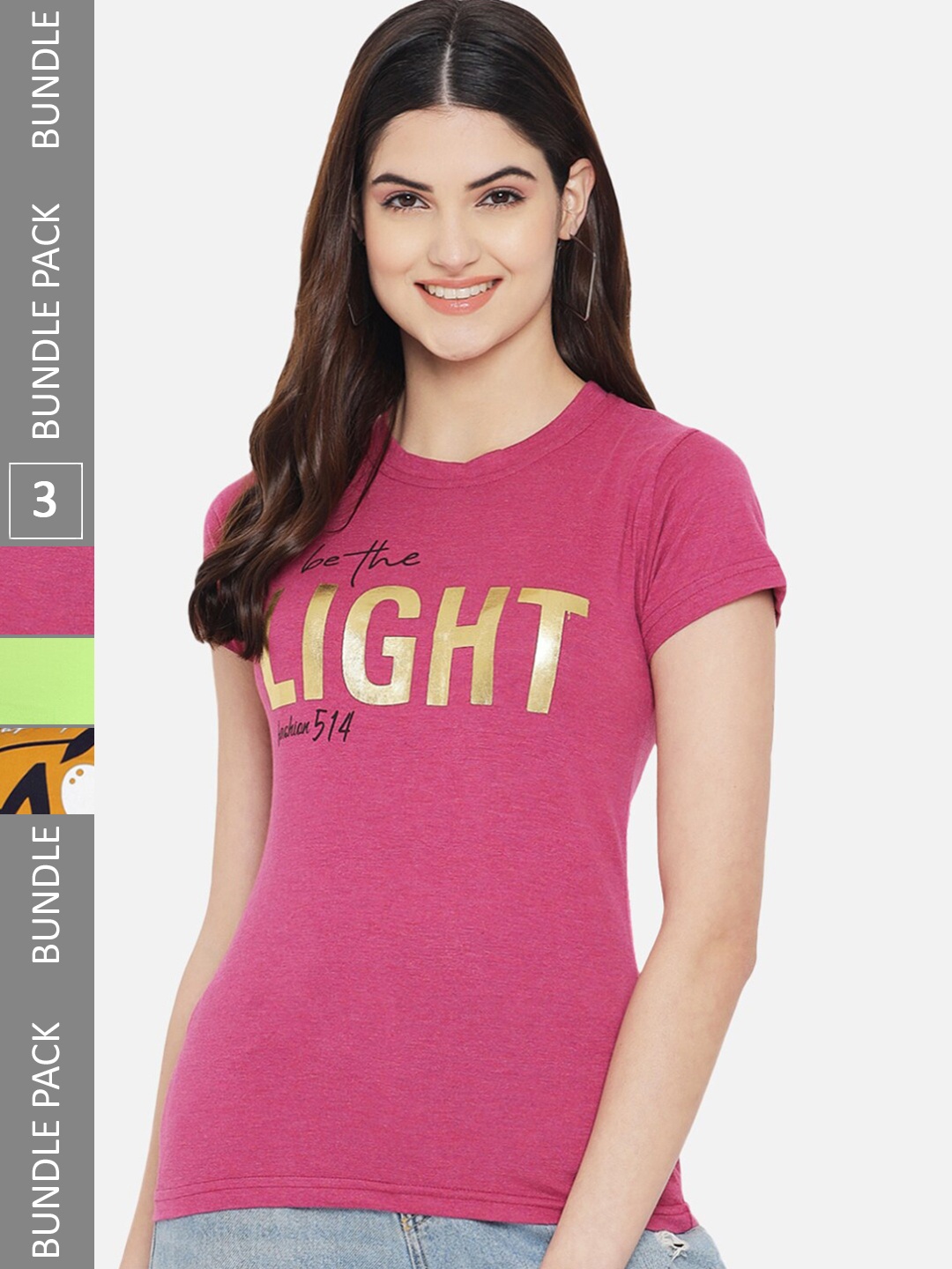 Fabflee Pack Of 3 Typography Printed Cotton T-shirt, Pink