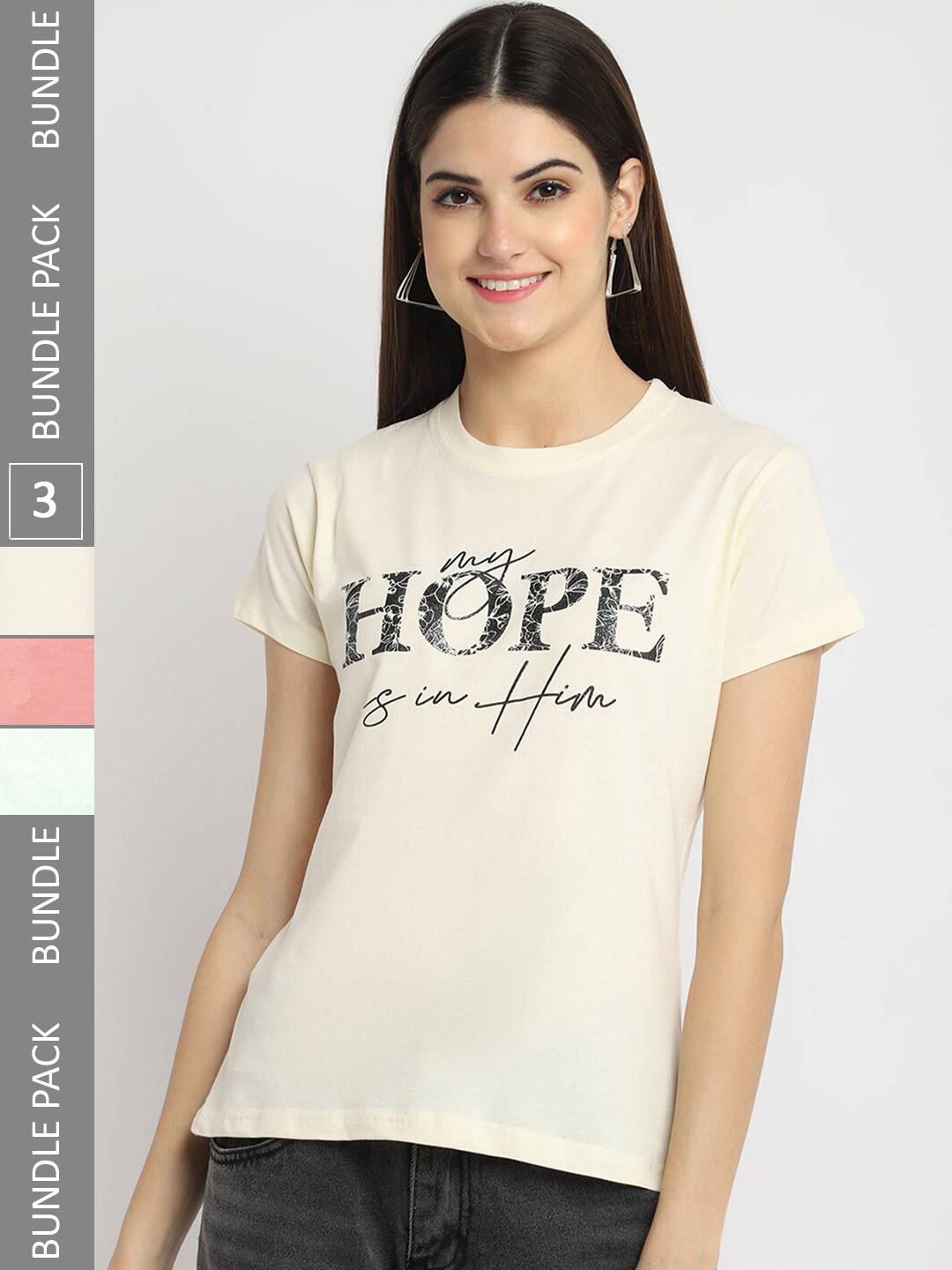 

Fabflee Pack Of 3 Typography Printed Cotton T-shirt, Off white