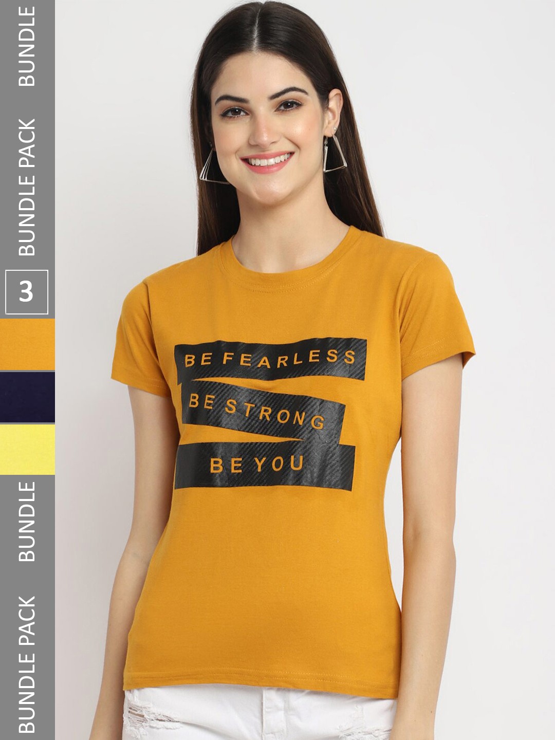 

Fabflee Pack Of 3 Typography Printed Cotton T-shirt, Mustard
