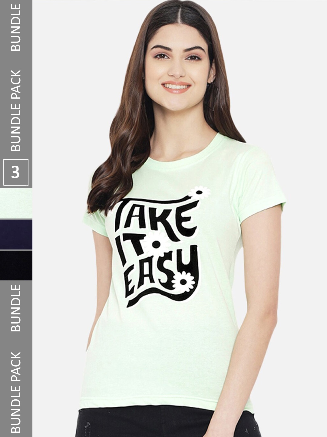 Fabflee Pack Of 3 Typography Printed Cotton T-shirt, Green