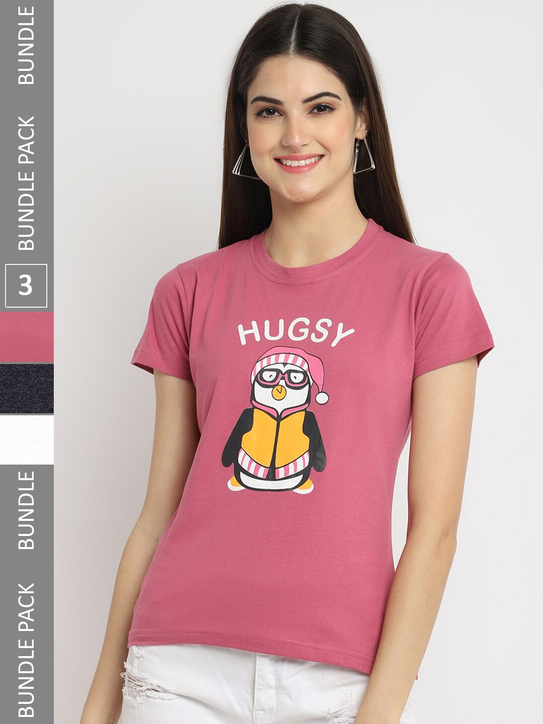 

Fabflee Pack of 3 Printed Short Sleeved Cotton T-shirts, Pink