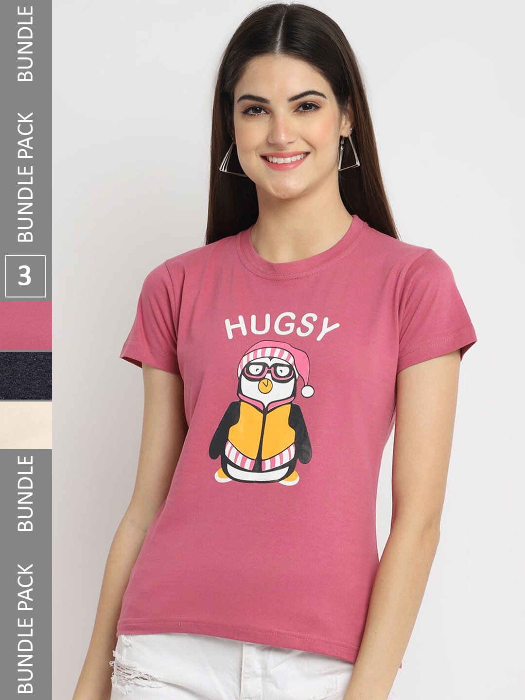 

Fabflee Pack of 3 Printed Short Sleeved Cotton T-shirts, Pink
