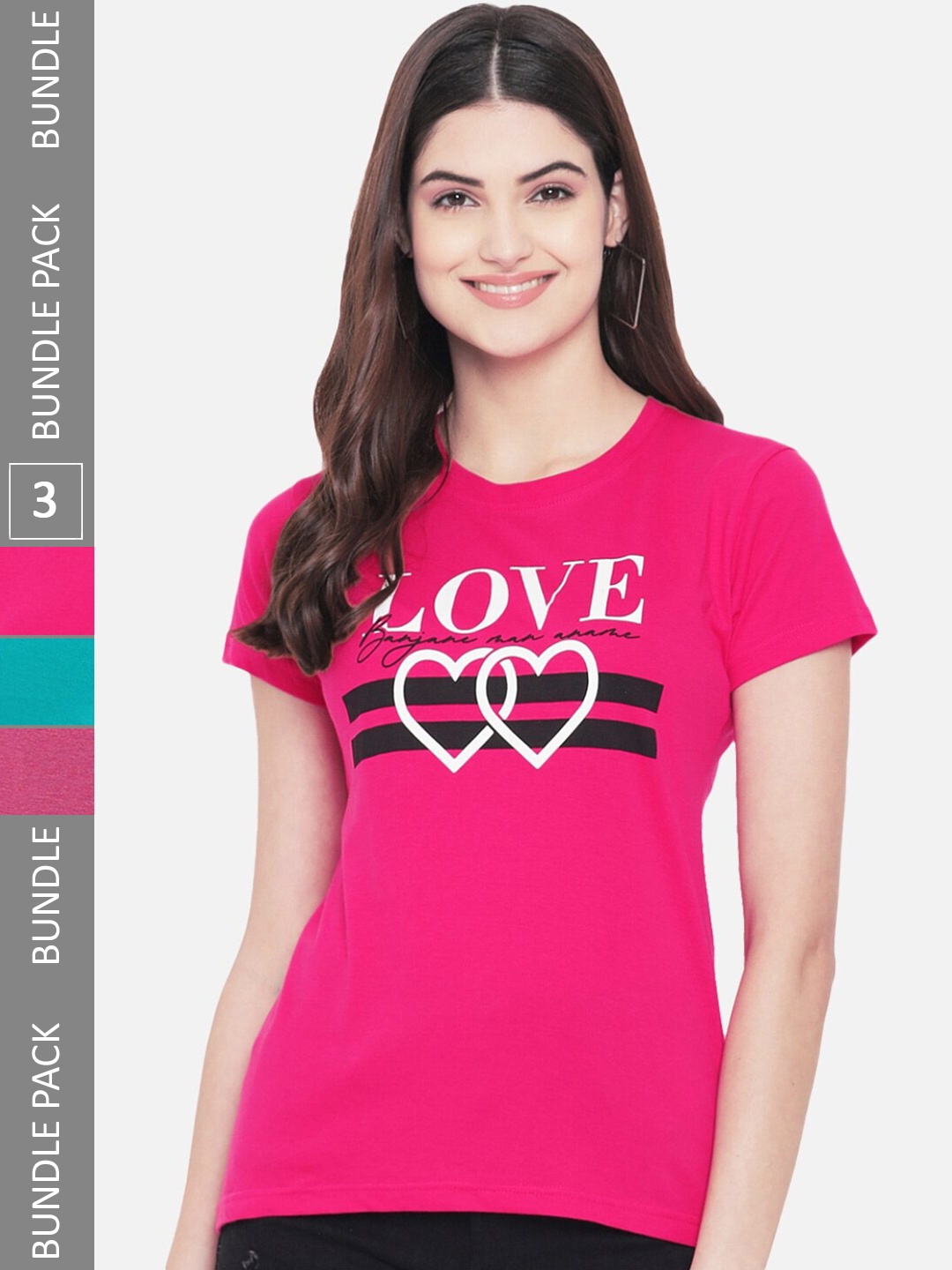 

Fabflee Pack Of 3 Typography Printed Cotton T-shirt, Pink