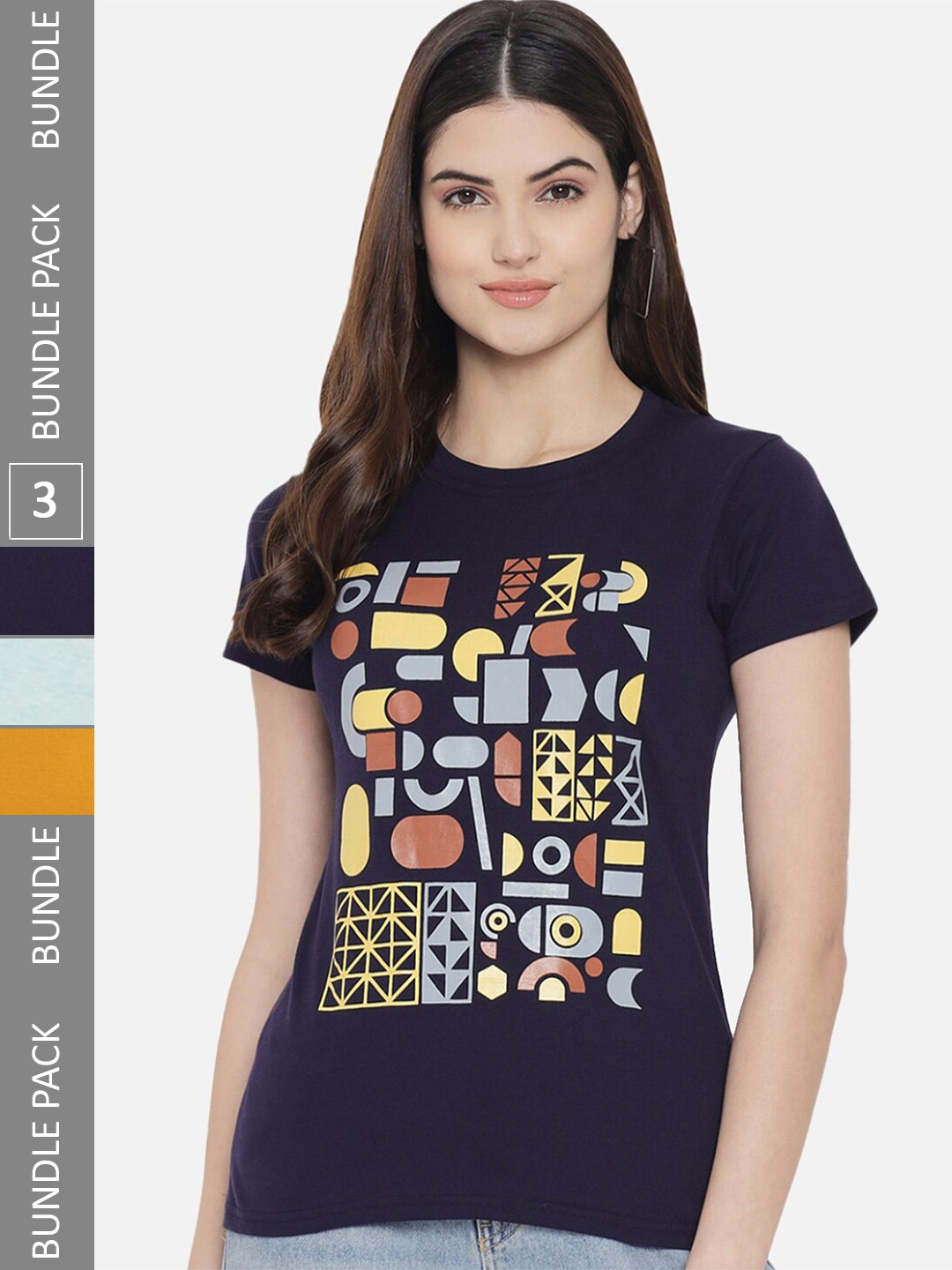 

Fabflee Pack of 3 Typography Printed Short Sleeved Cotton T-shirts, Navy blue