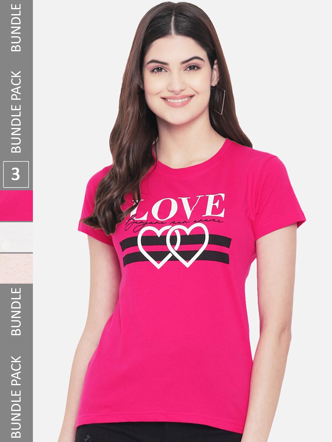 

Fabflee Pack Of 3 Printed Round Neck T-shirts, Fuchsia