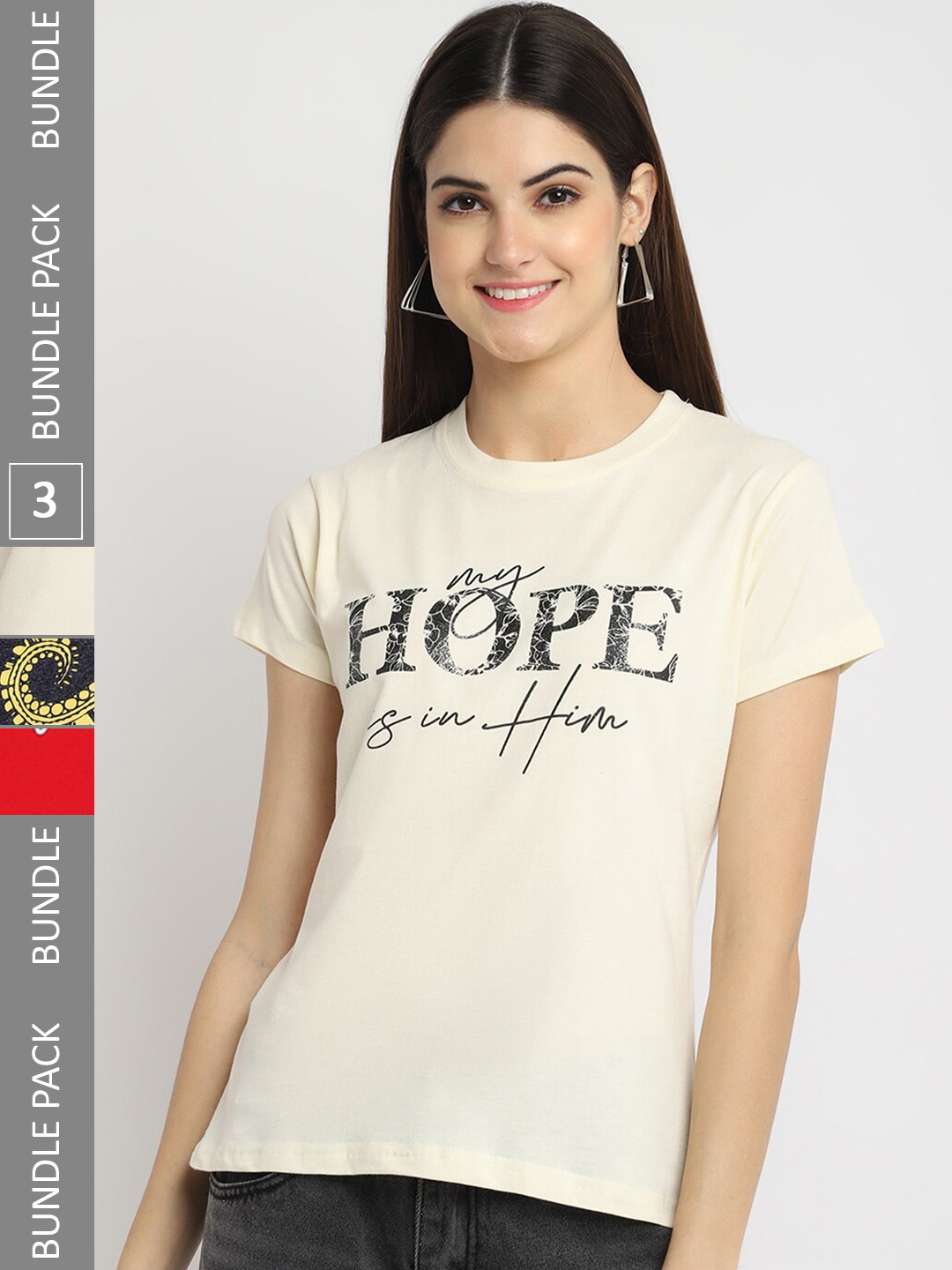 

Fabflee Pack Of 3 Typography Printed Cotton T-shirt, Off white