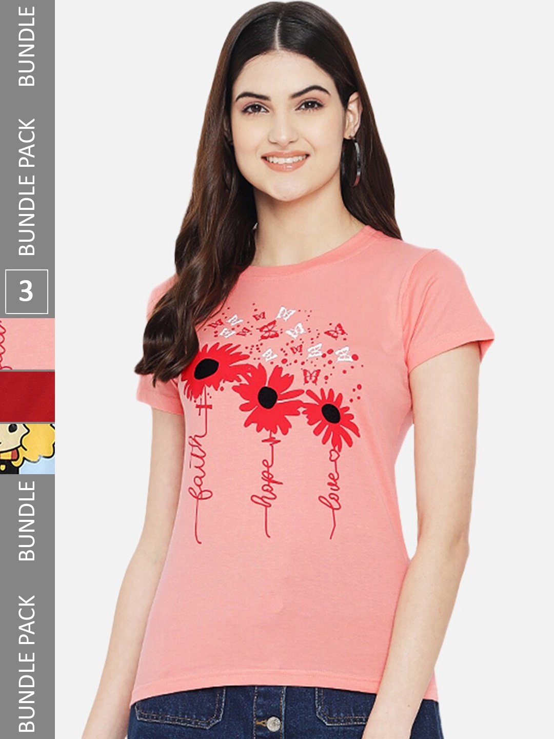 

Fabflee Pack Of 3 Printed Round Neck Cotton T-shirts, Pink