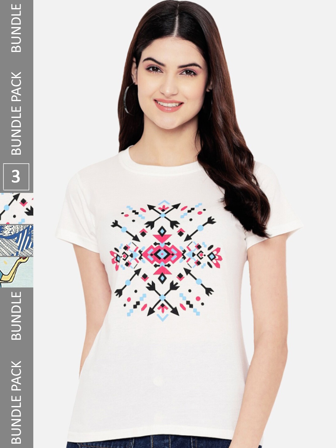 

Fabflee Pack Of 3 Geometric Printed Cotton T-shirt, White