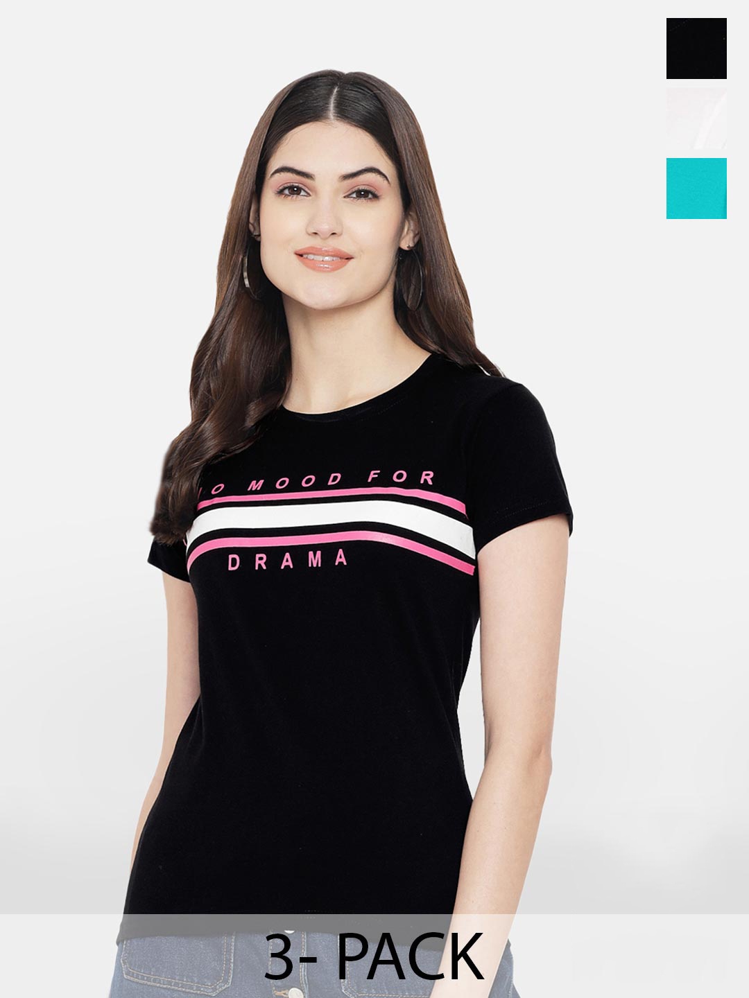 

Fabflee Pack Of 3 Typography Printed Cotton T-shirt, Black