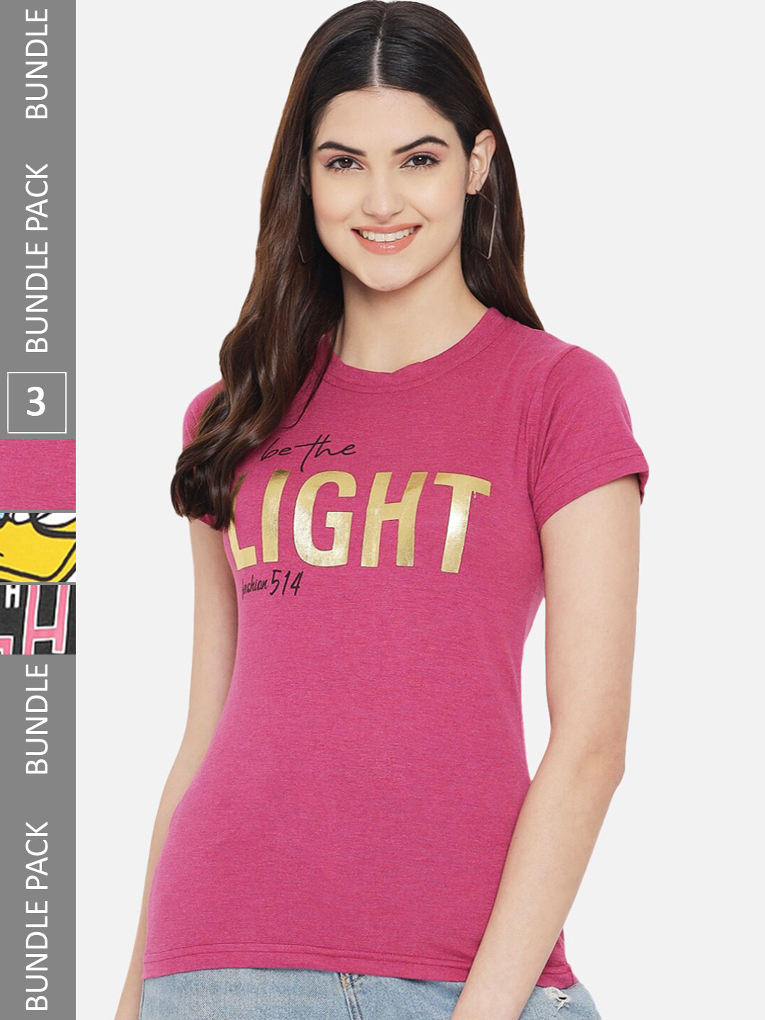 

Fabflee Pack Of 3 Printed Cotton T-shirt, Pink