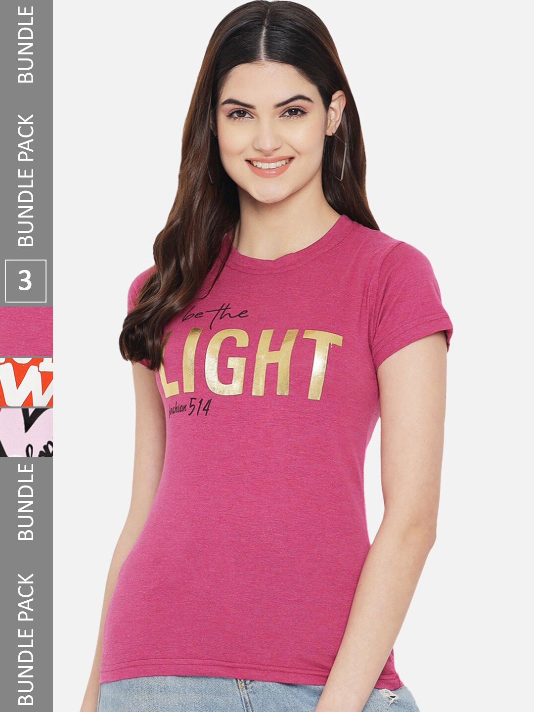 

Fabflee Pack of 3 Typography Printed Cotton T-shirt, Pink