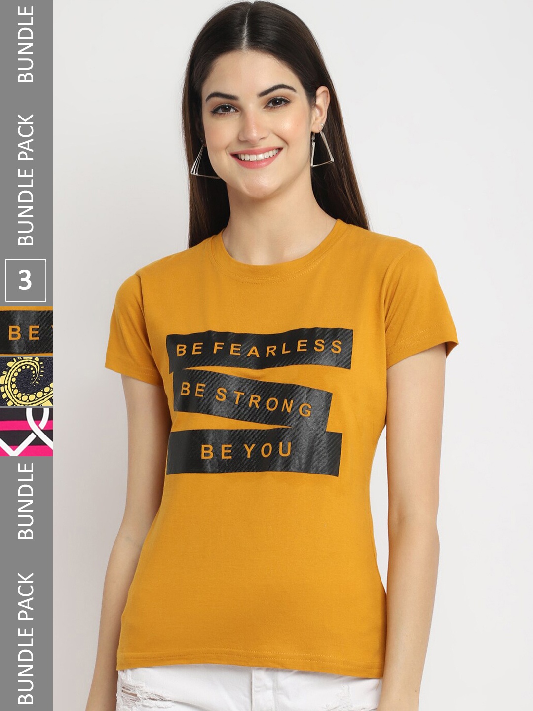 

Fabflee Pack Of 3 Printed Cotton T-shirts, Mustard