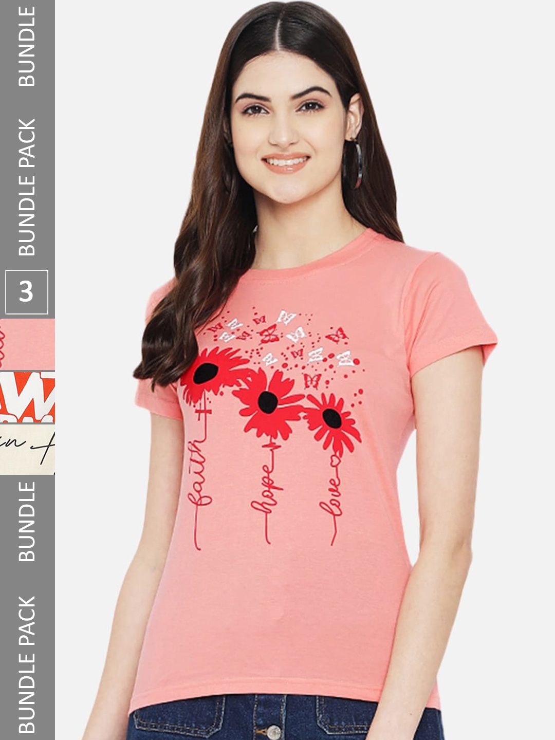 

Fabflee Pack Of 3 Printed Cotton T-shirts, Pink