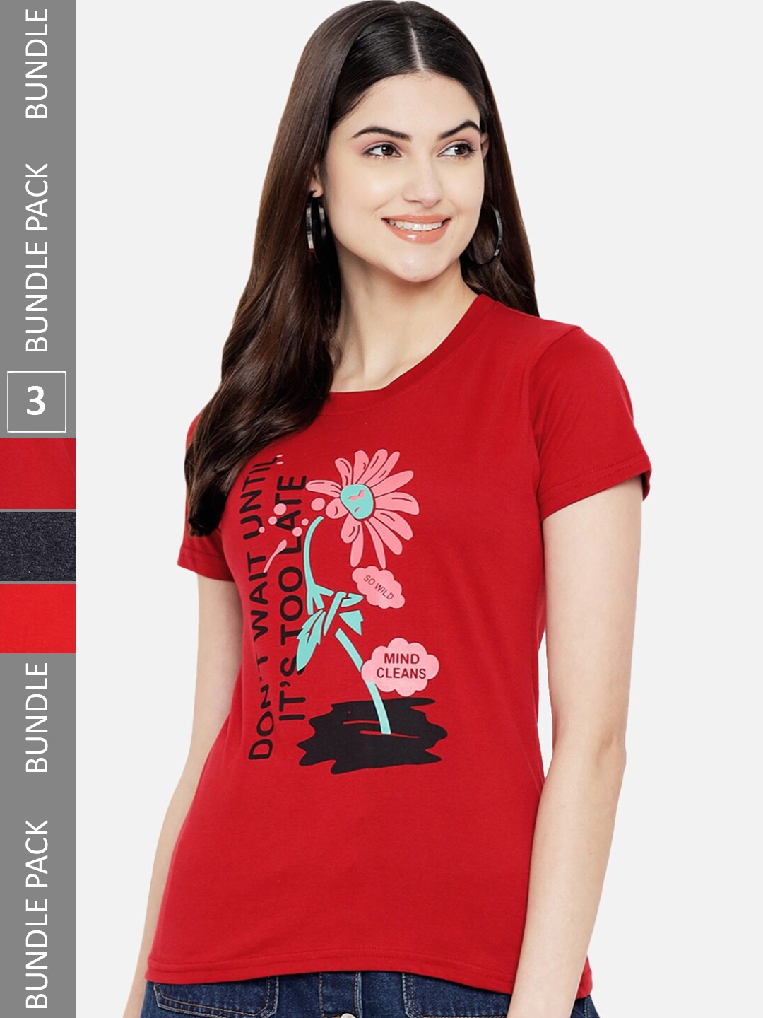 

Fabflee Pack Of 3 Printed Round Neck Short Sleeves Cotton T-Shirts, Red