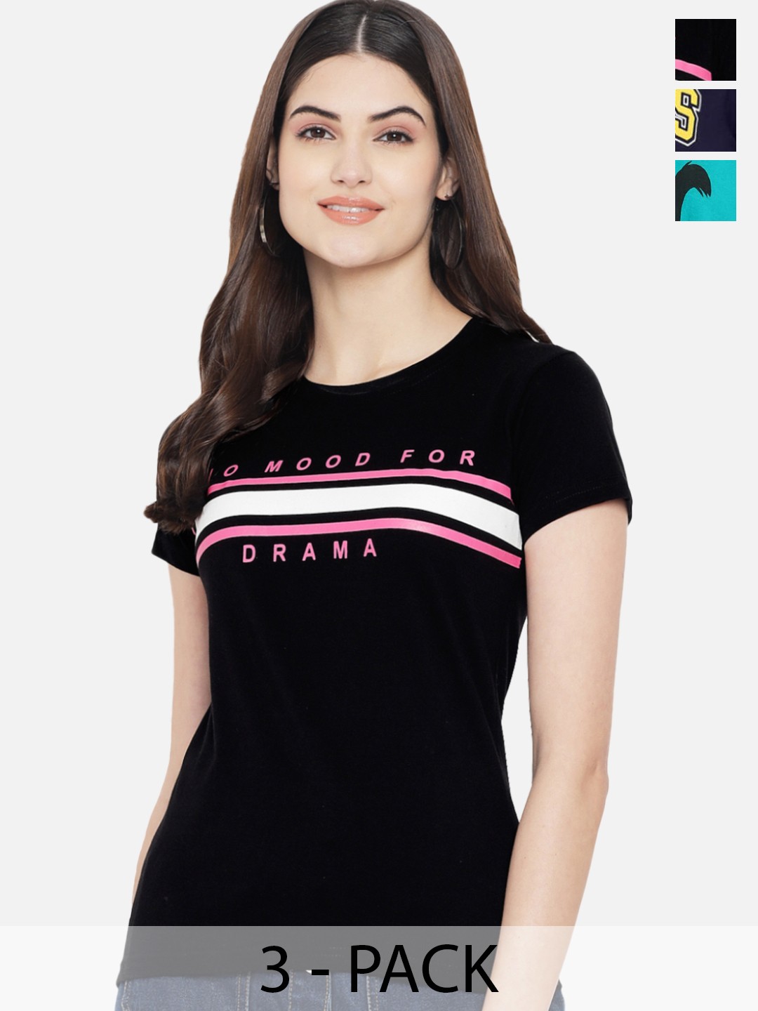 

Fabflee Pack Of 3 Printed Round Neck Short Sleeves Cotton T-Shirts, Black