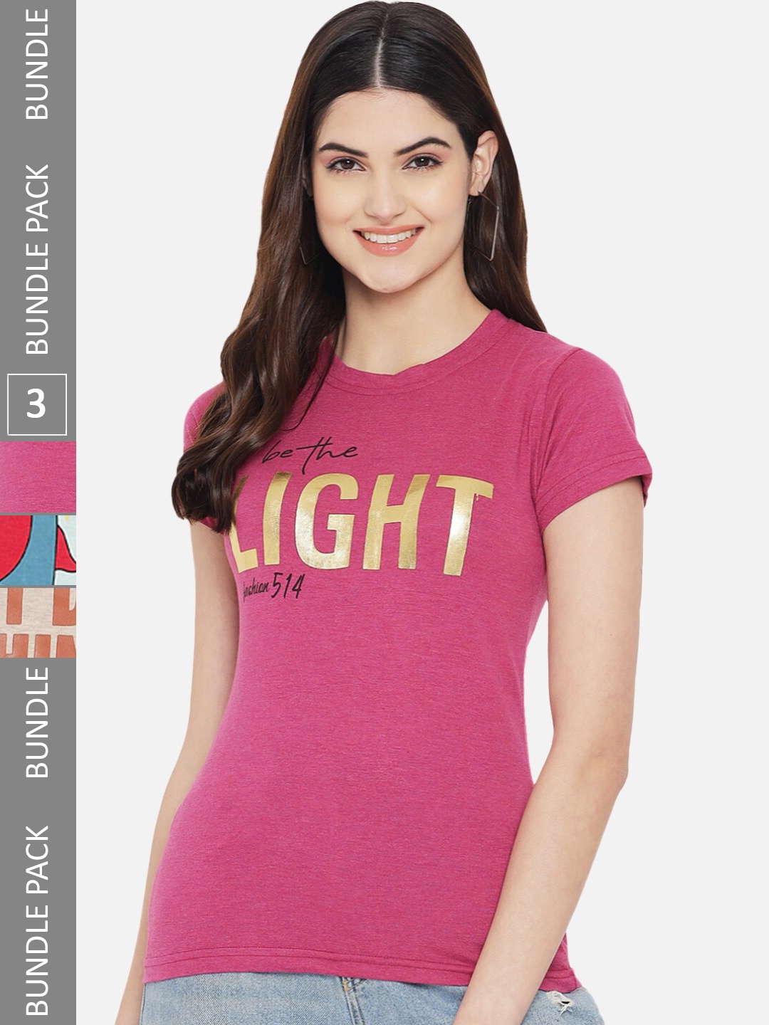 

Fabflee Pack Of 3 Printed Round Neck Short Sleeves Cotton T-Shirts, Pink