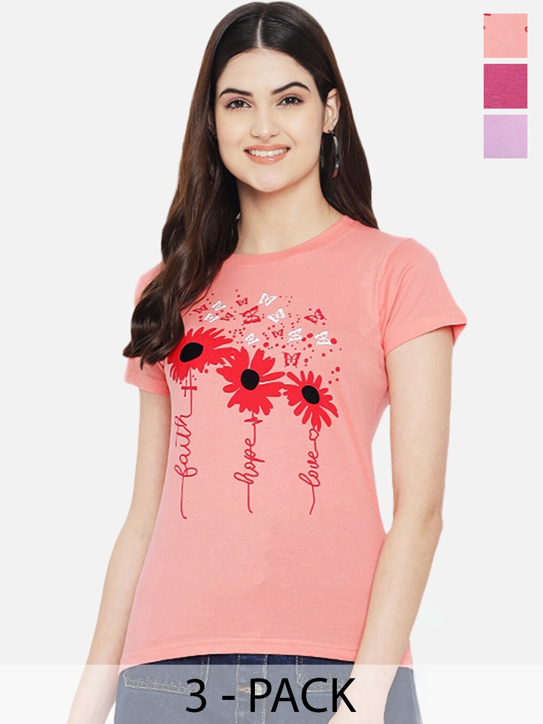 

Fabflee Pack Of 3 Floral Printed Cotton T-shirt, Pink