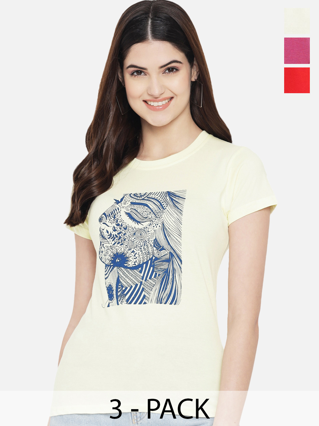 

Fabflee Pack Of 3 Graphic Printed Cotton T-Shirt, Cream
