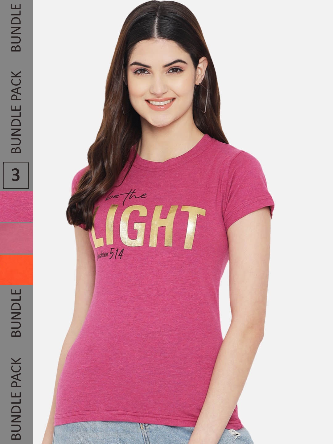 

Fabflee Pack Of 3 Typography Printed Cotton Casual T-shirt, Pink
