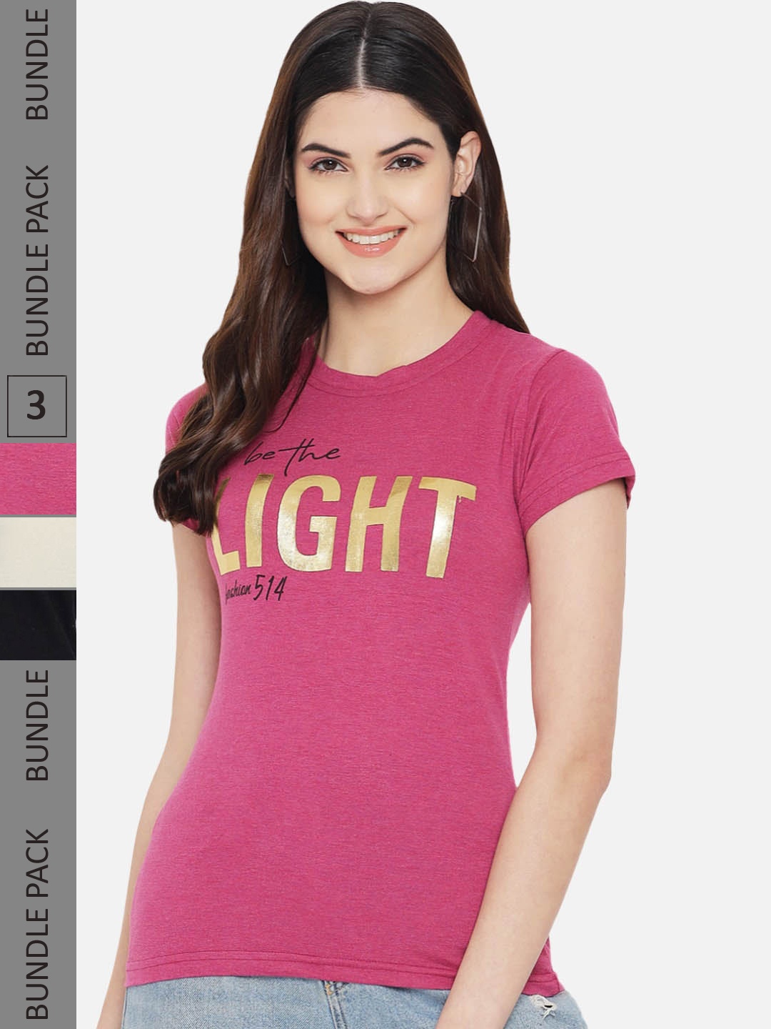 

Fabflee Pack Of 3 Typography Printed Cotton T-shirts, Pink