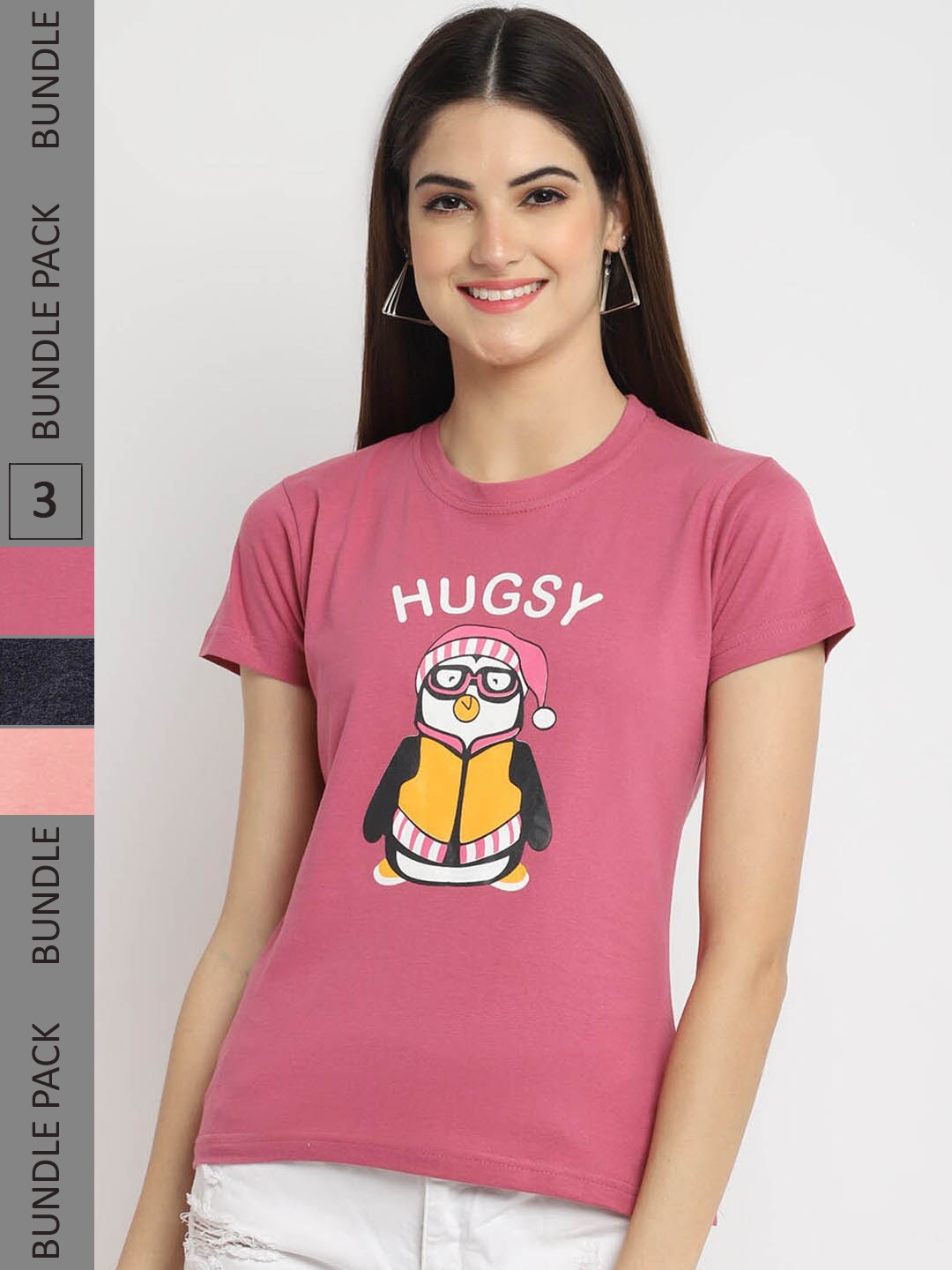 

Fabflee Pack of 3 Printed Cotton T-shirt, Pink