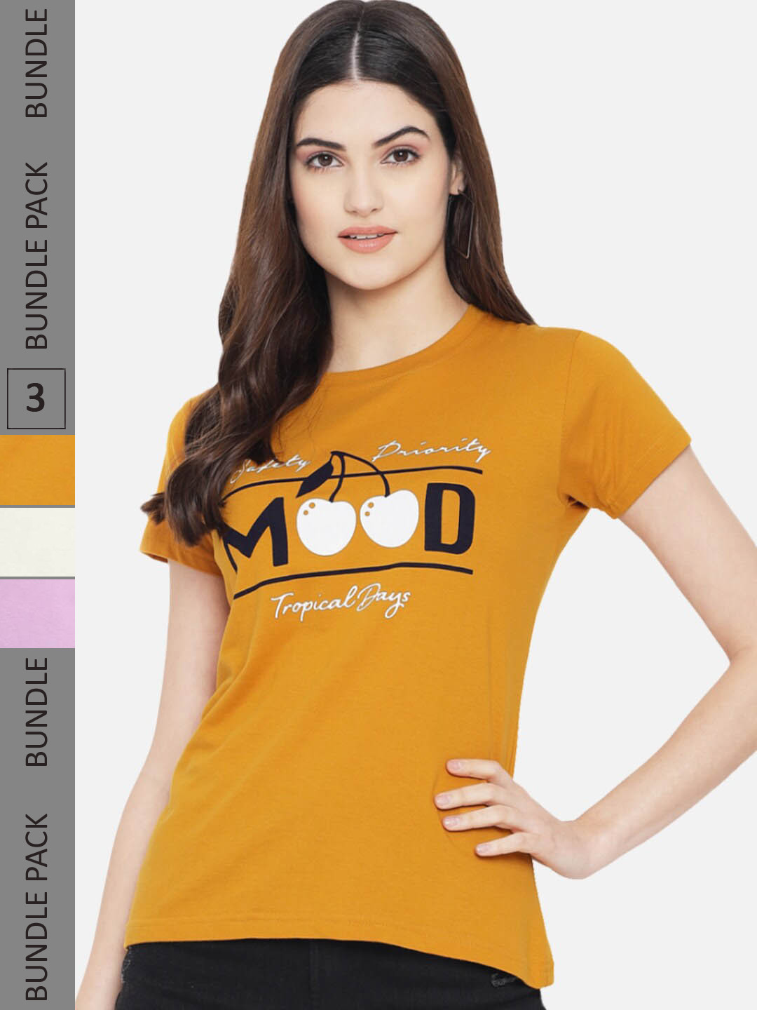 

Fabflee Pack Of 3 Typography Printed Cotton T-shirtst, Mustard