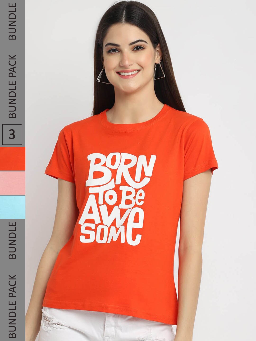 

Fabflee Pack Of 3 Typography Printed Cotton T-shirt, Orange