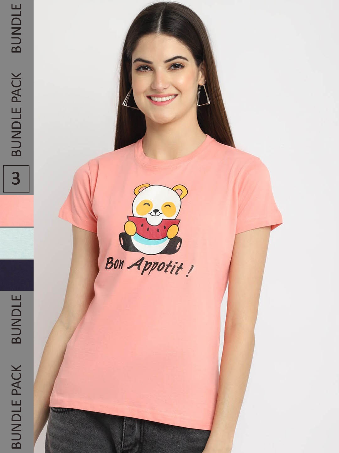 

Fabflee Pack Of 3 Printed Cotton T-shirts, Peach