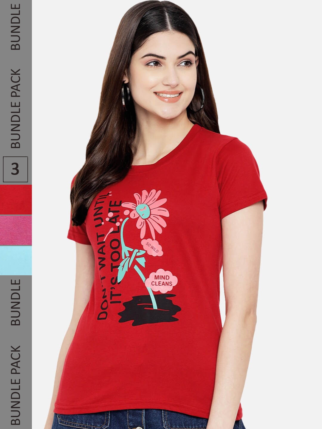 Fabflee Pack Of 3 Printed Cotton T-shirts, Red