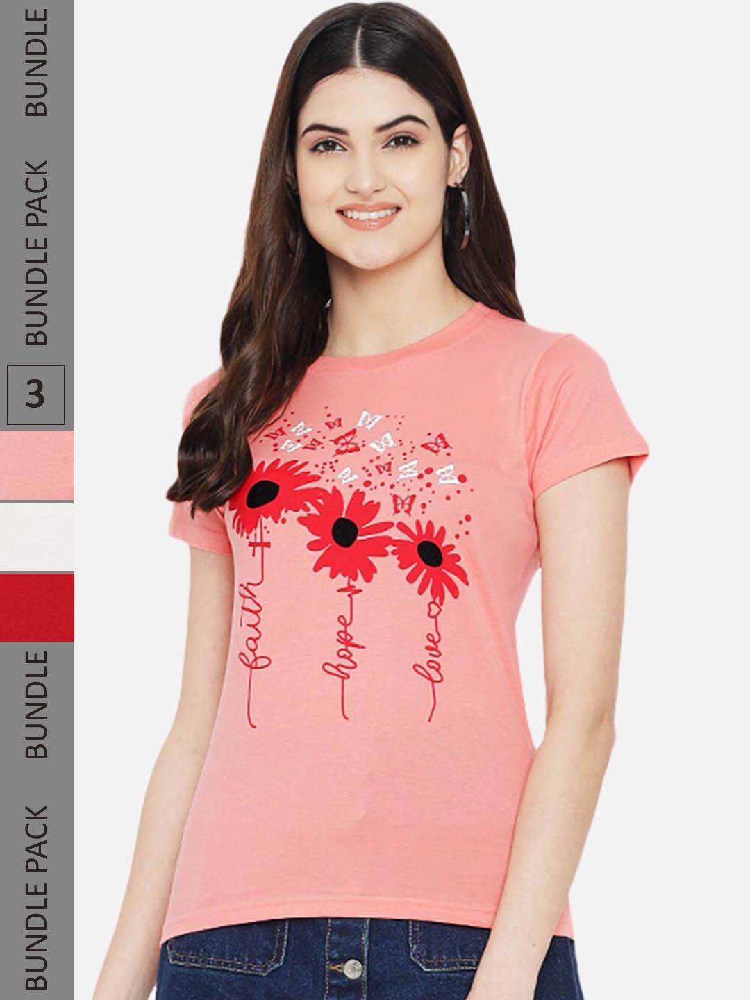 

Fabflee Pack Of 3 Graphic Printed Cotton T-shirt, Coral