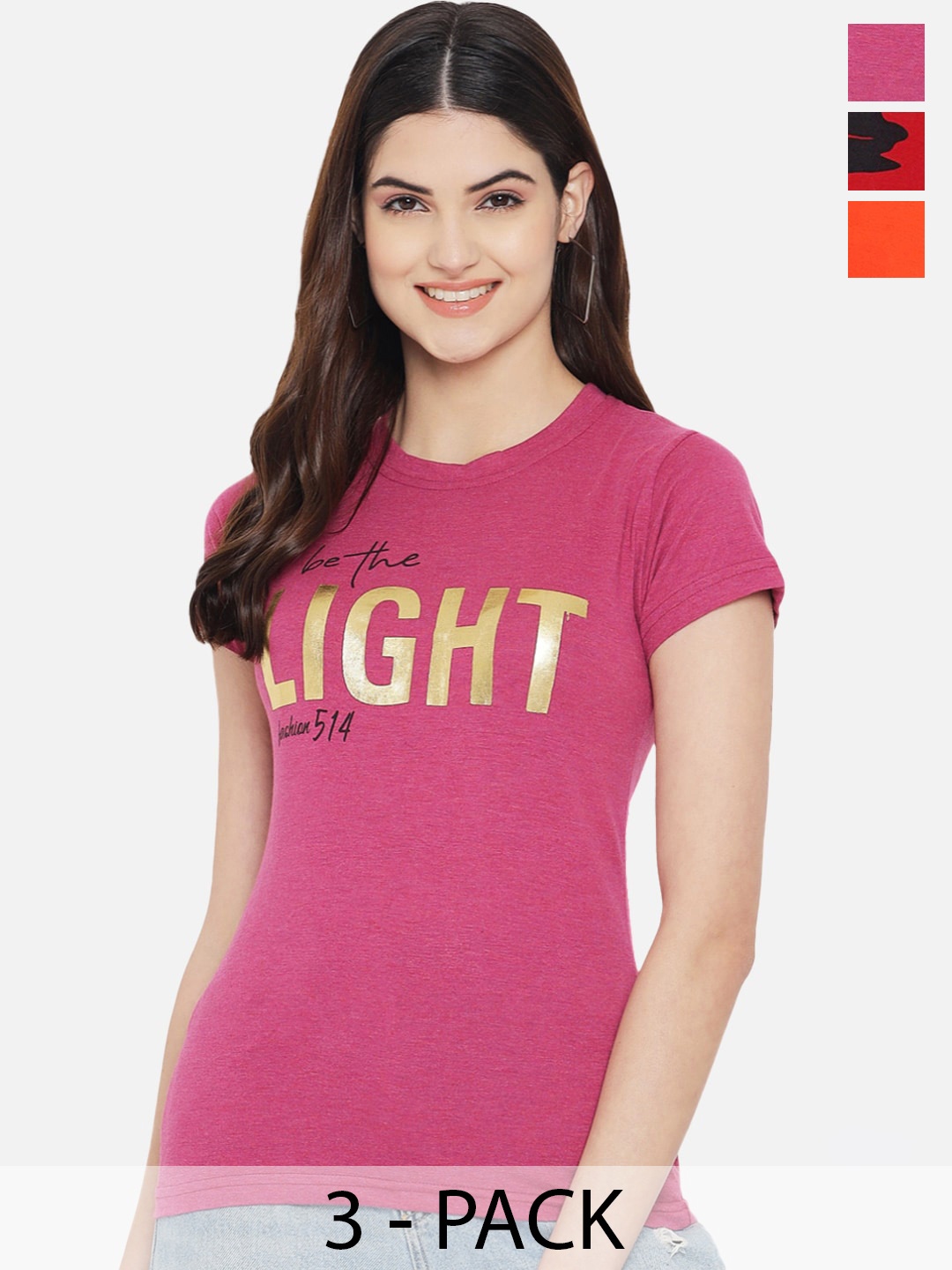 

Fabflee Pack Of 3 Typography Printed Cotton T-shirt, Magenta