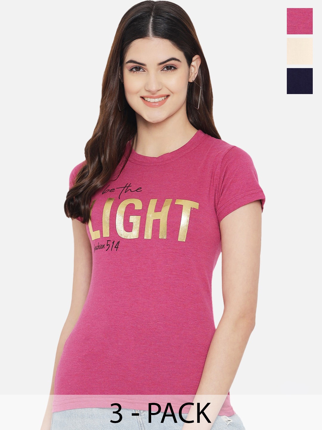 Fabflee Pack Of 3 Typography Printed Cotton T-shirt, Pink