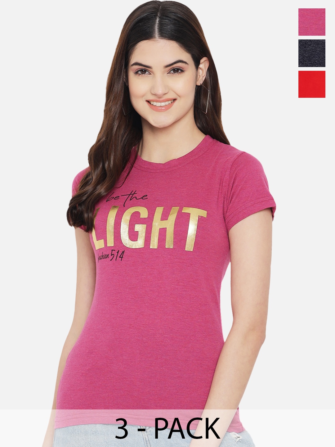 

Fabflee Pack Of 3 Typography Printed Cotton T-shirt, Mauve