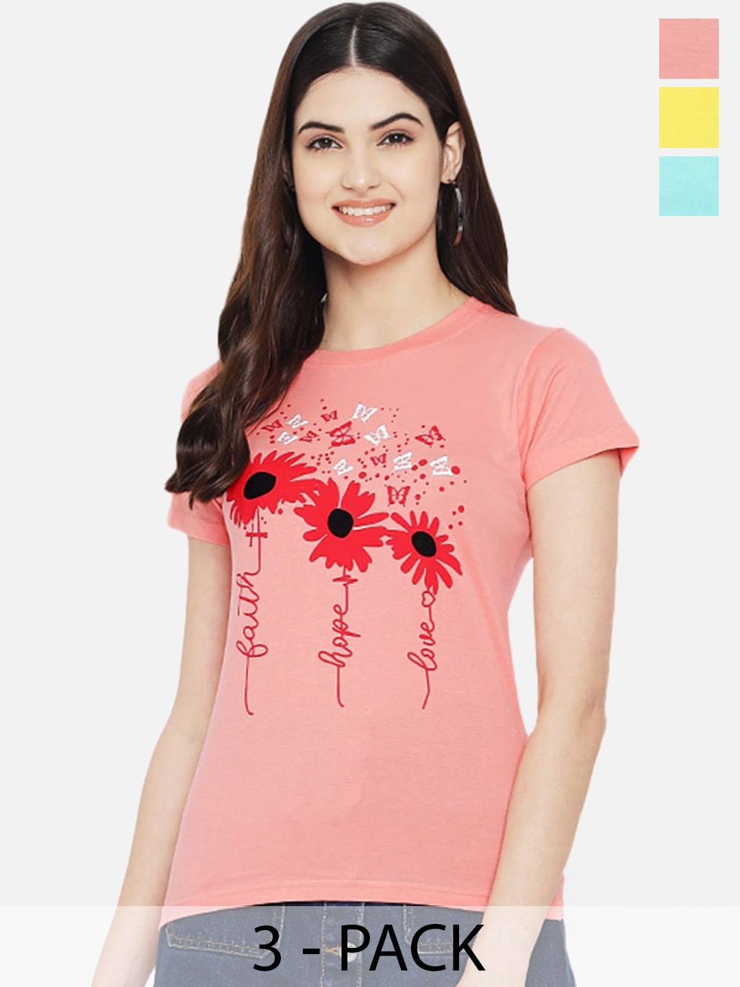 Fabflee Pack Of 3 Typography Printed Cotton T-shirt, Pink